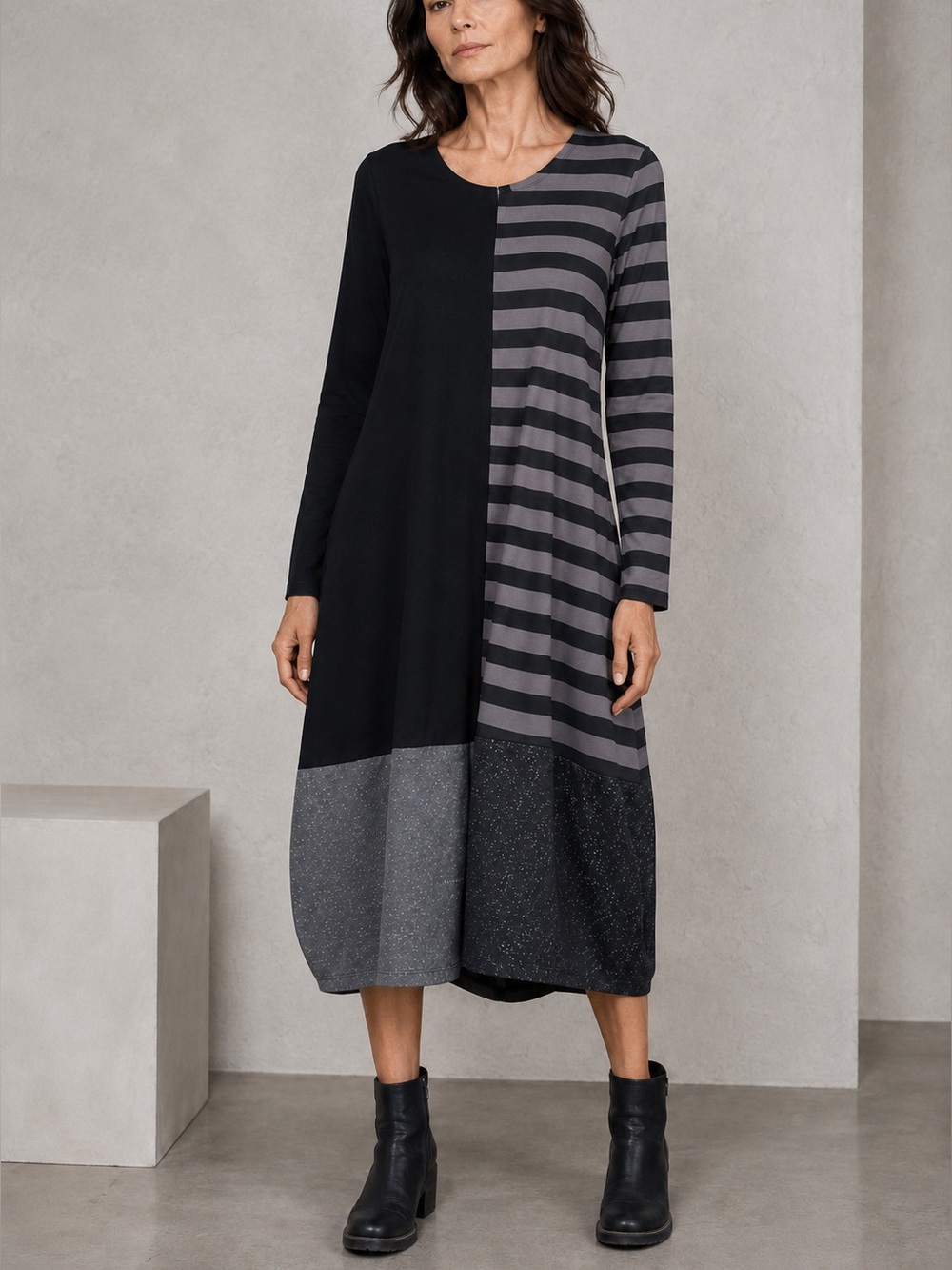 Alembika grey and black stripe color block midi shirt dress